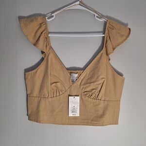 a new day Tan Ruffled Sleeve V-Neck Crop Top